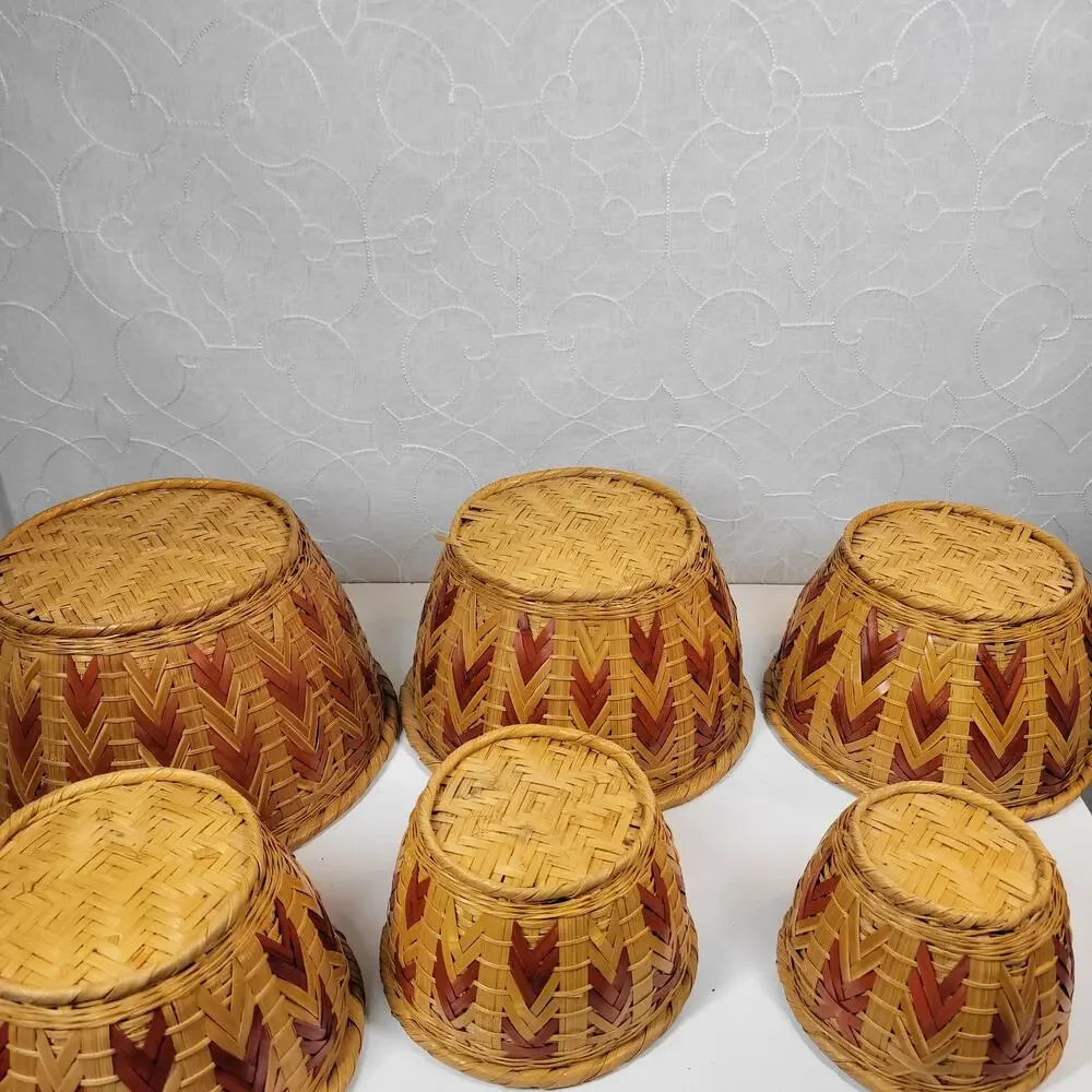 6 VTG Nesting Wicker Baskets Tan Brown Woven Chevron Boho Baskets Cottage Core